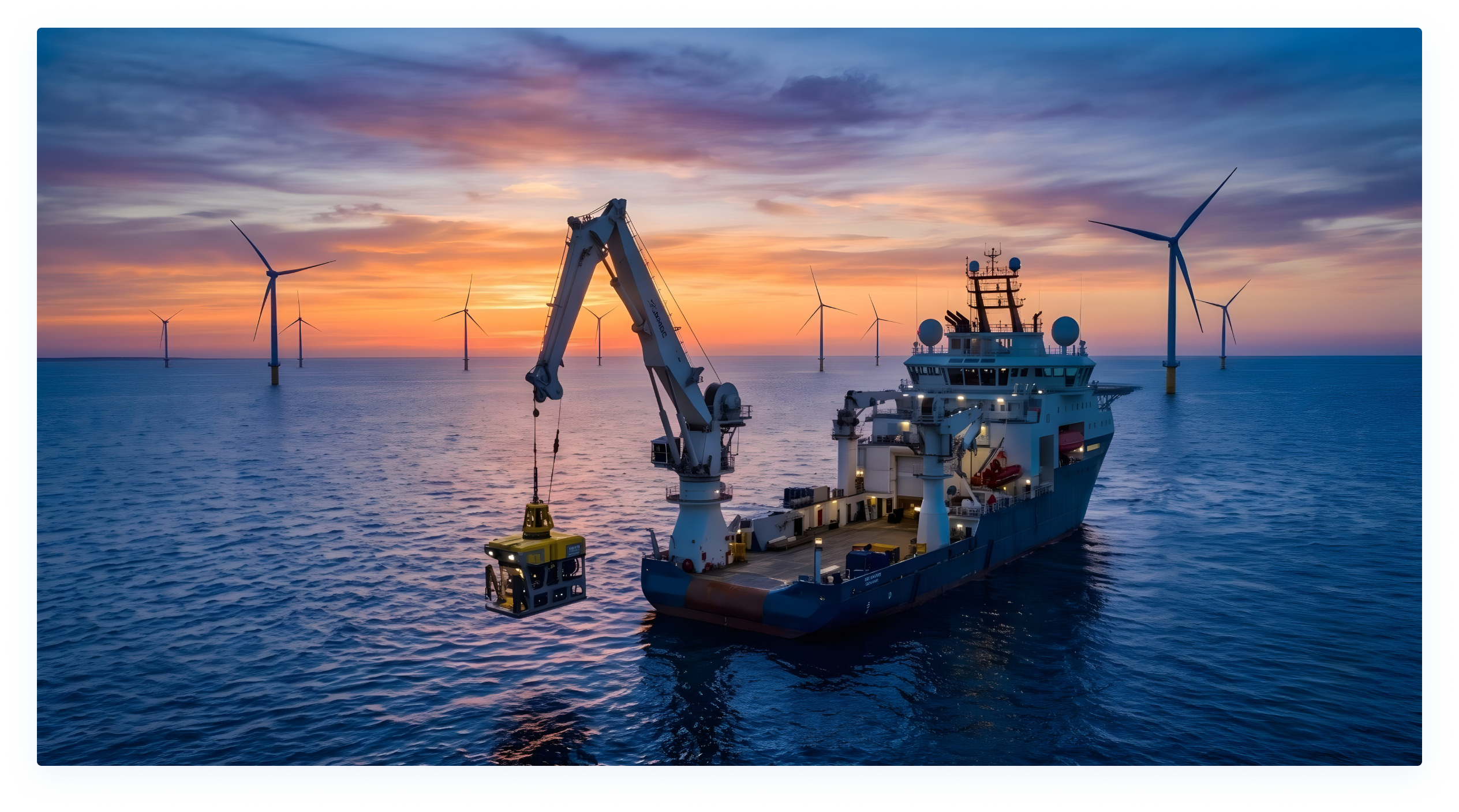 Offshore support vessel operating around wind turbines at sunset