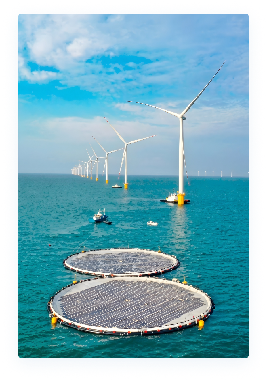 Offshore wind farm and floating solar energy platforms