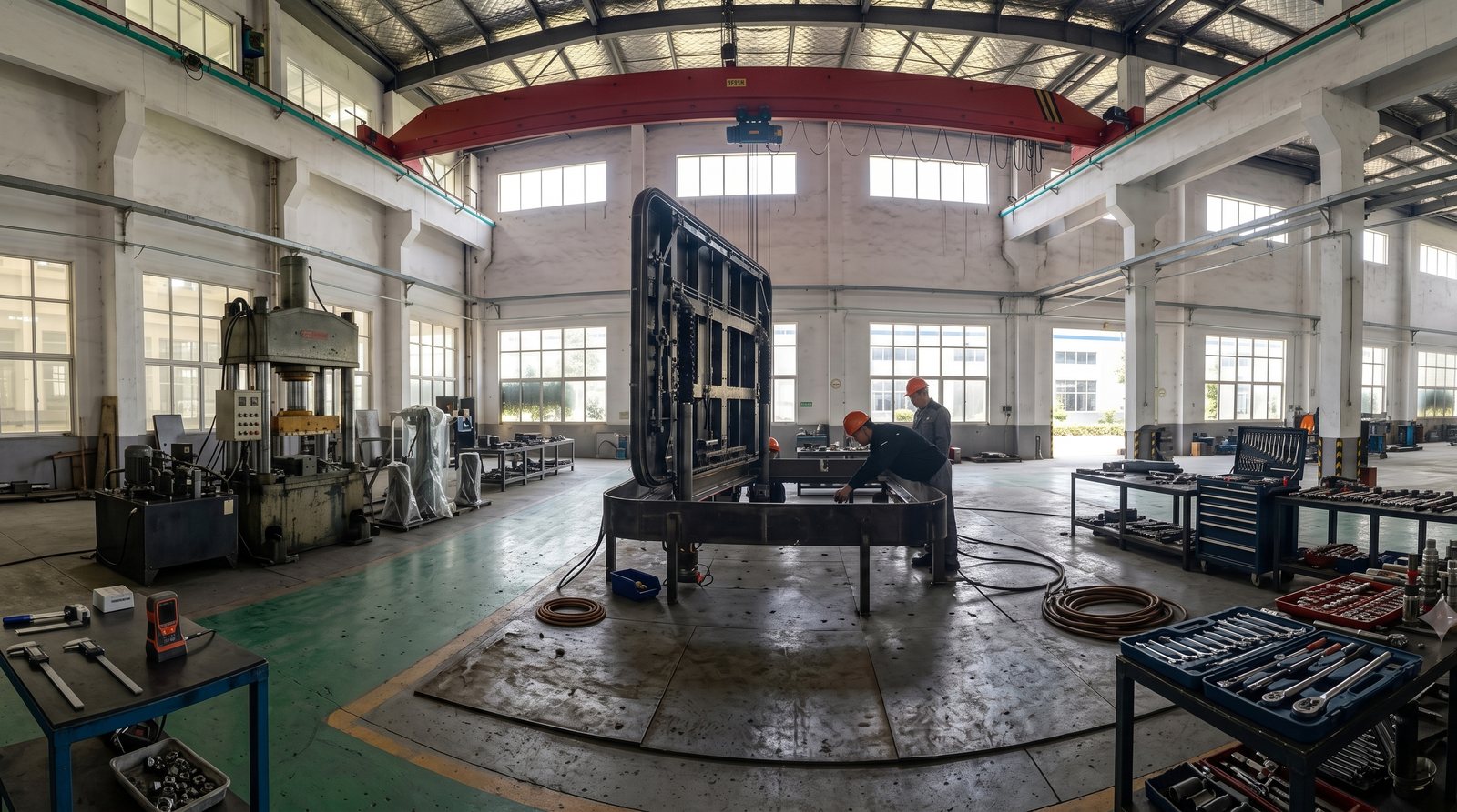 Power-driven door and hatch assembly in a marine workshop